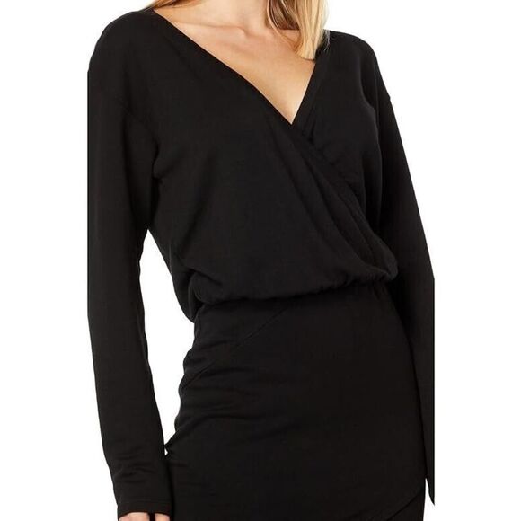 Monrow Women's Sz Small Black Supersoft Fleece Cross Over V Mini Dress - Picture 3 of 11